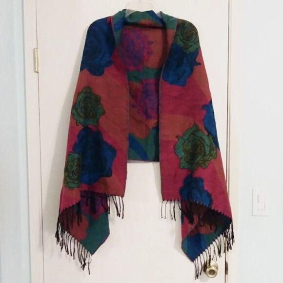 Rose Patterned Colorful Fringed Scarf/ Shawl - Picture 1 of 3